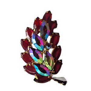 Vintage Aurora Borealis Red Rhinestone Leaf Brooch Pin Gold Tone Marquise Stones